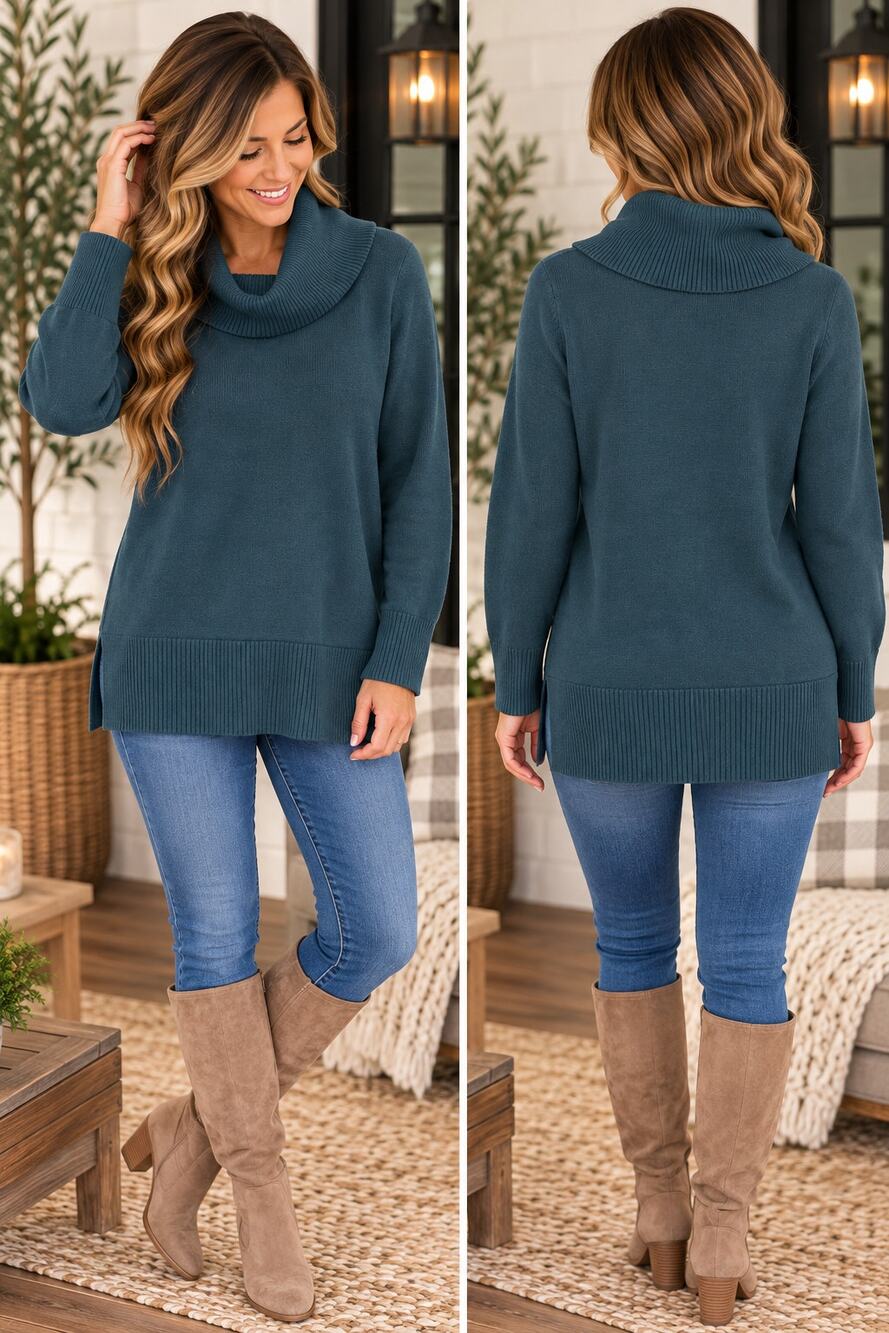 LOFT Teal Cowl Neck Tunic Sweater Long Sleeve Ribbed Knit Size M